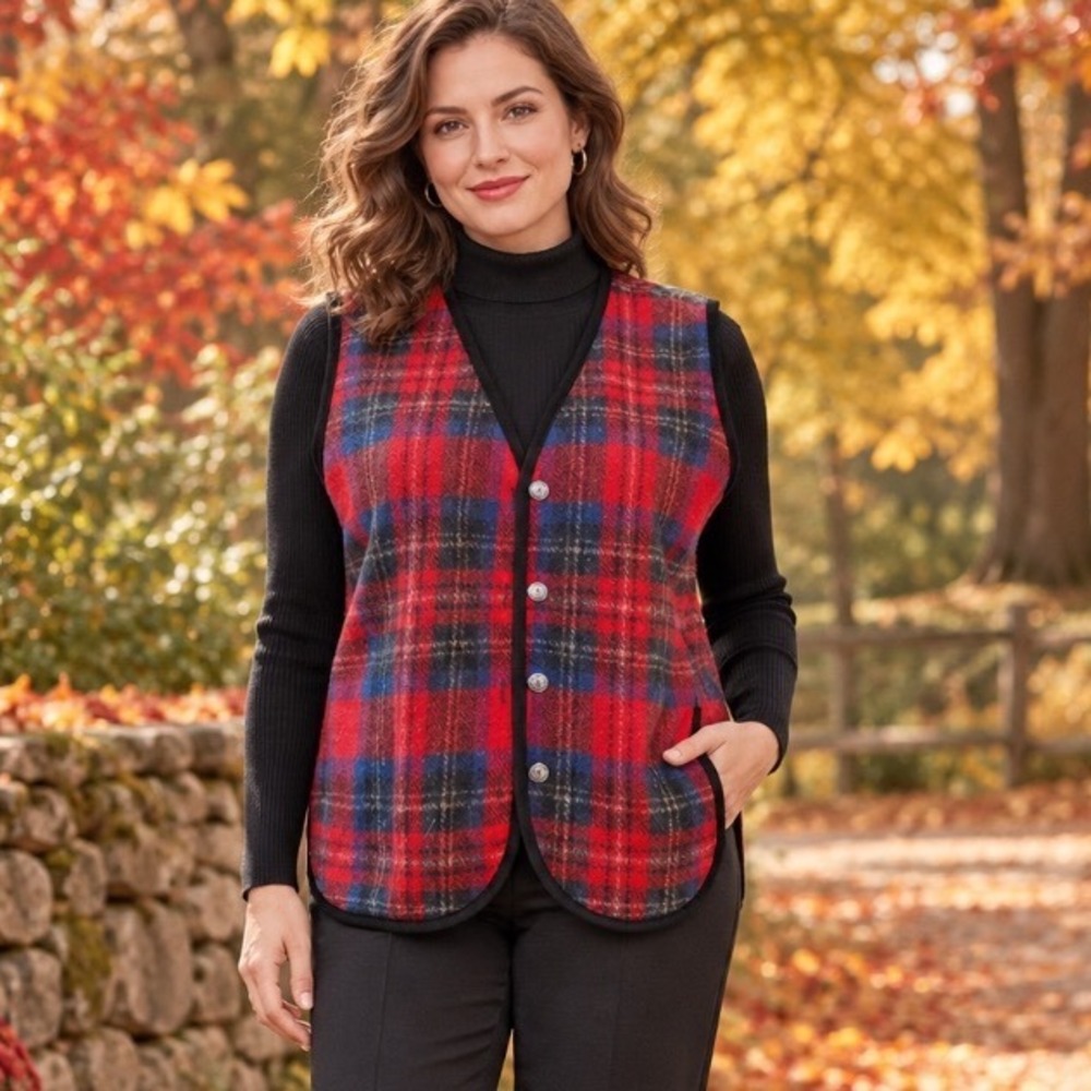 VTG y2k Erika Red Plaid Wool Blend Button Front Vest Silver Floral Buttons Med